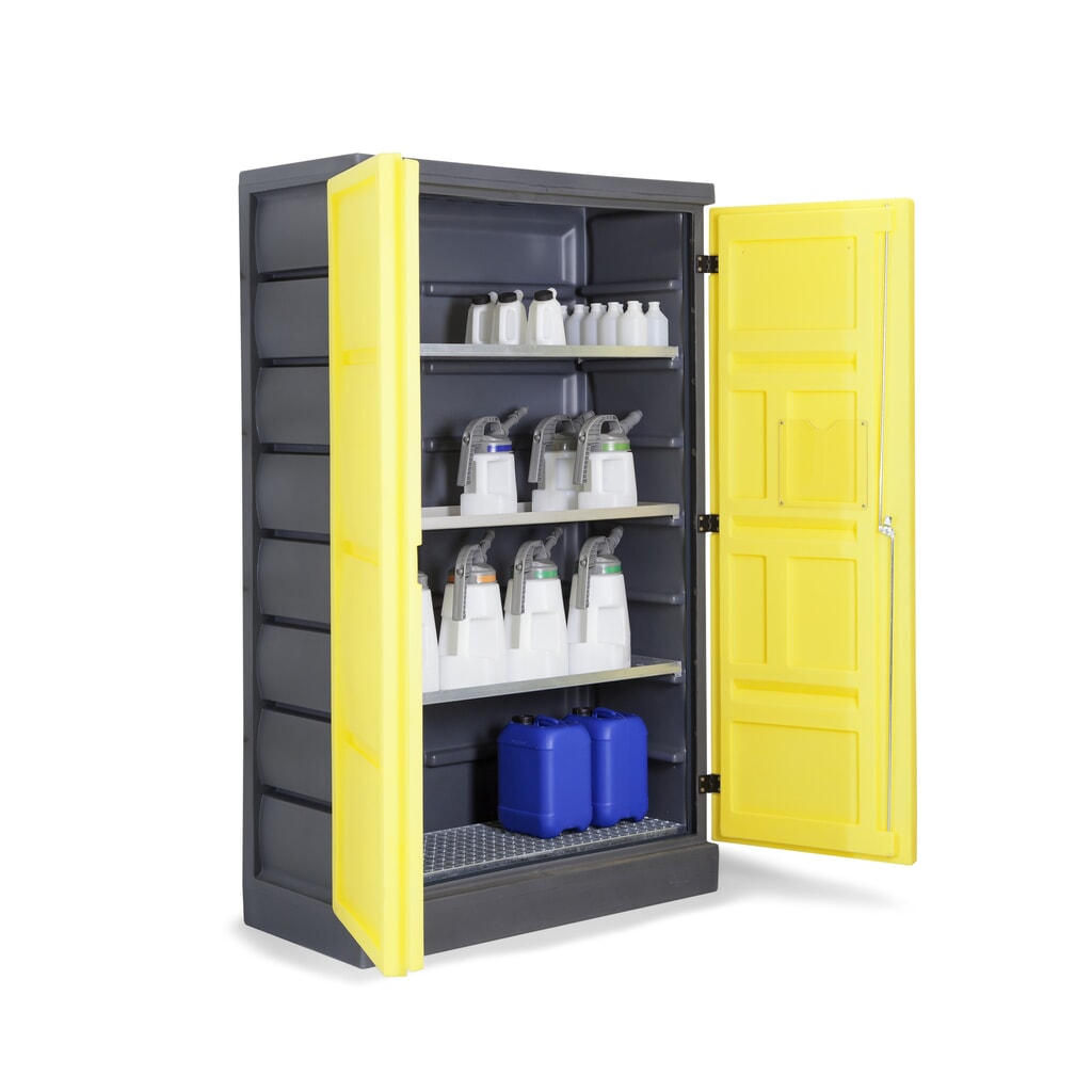 Číslo obrázka výrobku 7: DENIOS chemická skriňa z PE, v × š × h 1 990 × 1 225 × 640 mm, 3 záchytné vane + 1 mriežkovaný rošt z nehrdzavejúcej ocele