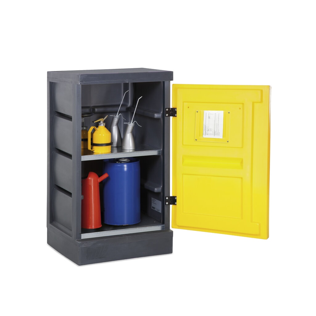 DENIOS chemická skriňa z PE, v × š × h 1 130 × 610 × 640 mm, 2 mriežkované rošty z nehrdzavejúcej ocele Obrázok výrobku: DENIOS chemická skriňa z PE, v × š × h 1 130 × 610 × 640 mm, 2 mriežkované rošty z nehrdzavejúcej ocele