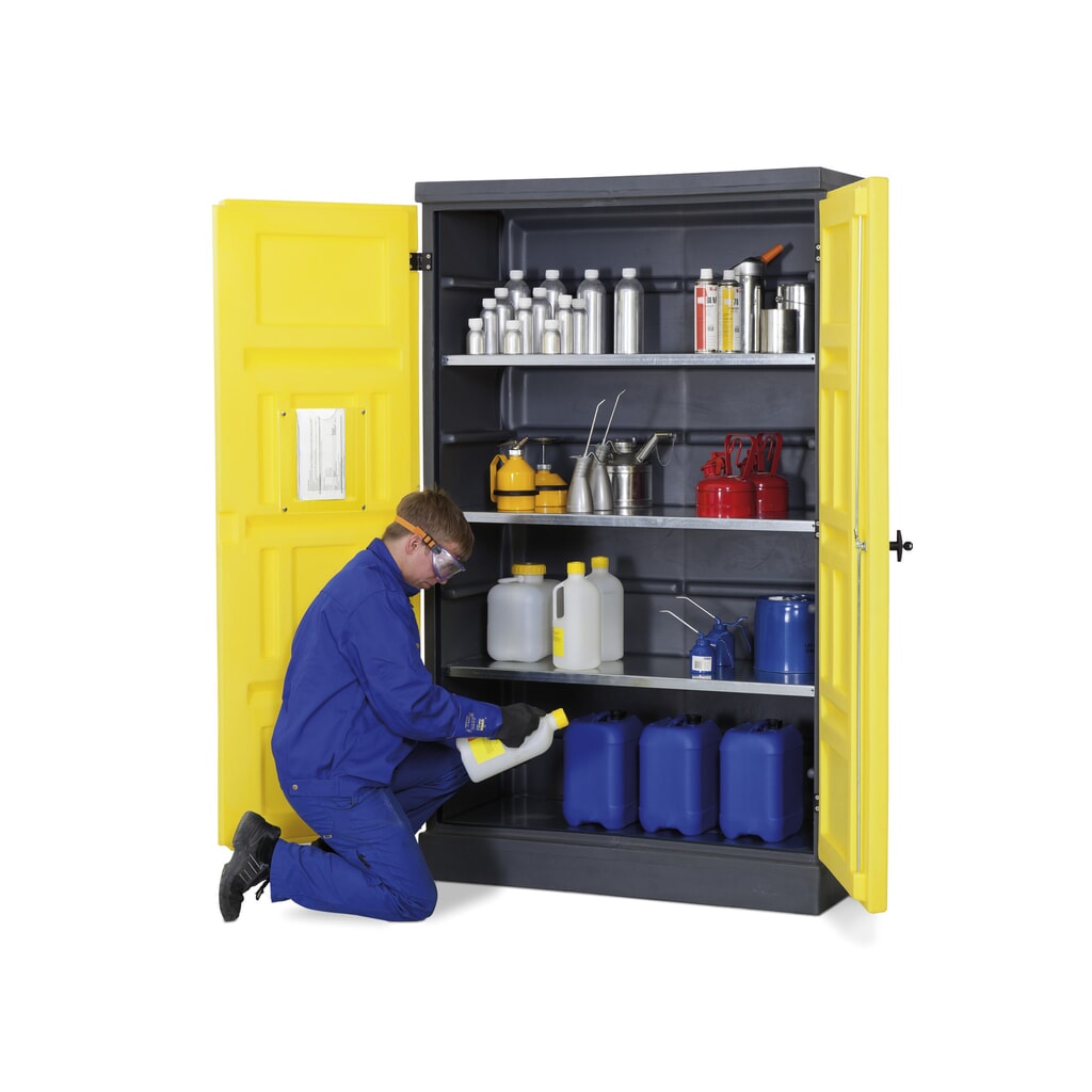 Číslo obrázka výrobku 8: DENIOS chemická skriňa z PE, v × š × h 1 990 × 1 225 × 640 mm, 3 záchytné vane + 1 mriežkovaný rošt z nehrdzavejúcej ocele