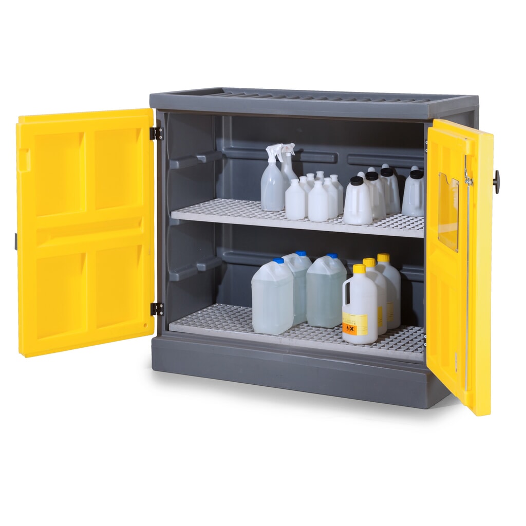 DENIOS chemická skriňa z PE, v × š × h 1 130 × 1 225 × 640 mm, 2 mriežkované rošty z nehrdzavejúcej ocele Obrázok výrobku: DENIOS chemická skriňa z PE, v × š × h 1 130 × 1 225 × 640 mm, 2 mriežkované rošty z nehrdzavejúcej ocele