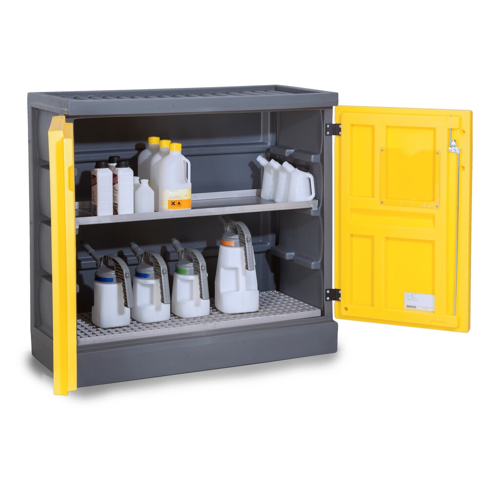 DENIOS chemická skriňa z PE, v × š × h 1 130 × 1 225 × 640 mm, 1 záchytná vaňa + 1 mriežkovaný rošt z nehrdzavejúcej ocele Obrázok výrobku: DENIOS chemická skriňa z PE, v × š × h 1 130 × 1 225 × 640 mm, 1 záchytná vaňa + 1 mriežkovaný rošt z nehrdzavejúcej ocele
