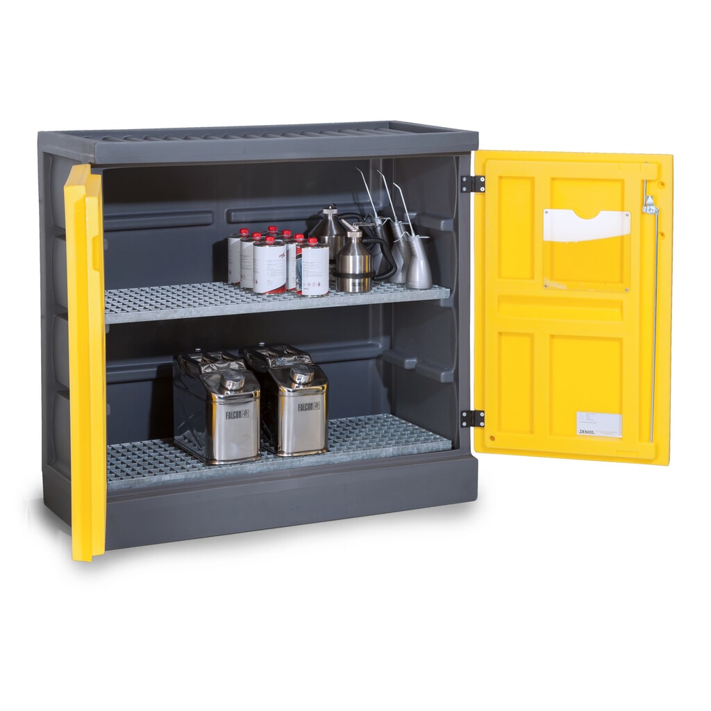 DENIOS chemická skriňa z PE, v × š × h 1 130 × 1 225 × 640 mm, 2 pozinkované mriežkované rošty Obrázok výrobku: DENIOS chemická skriňa z PE, v × š × h 1 130 × 1 225 × 640 mm, 2 pozinkované mriežkované rošty