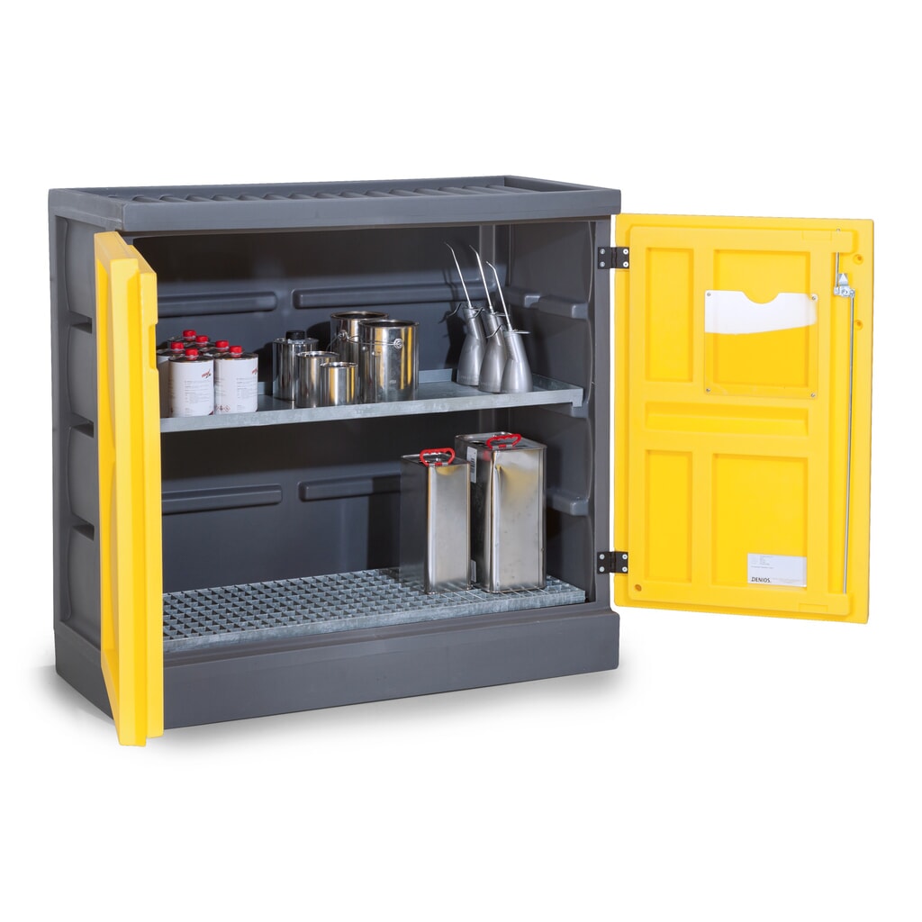 DENIOS chemická skriňa z PE, v × š × h 1 130 × 1 225 × 640 mm, 1 pozinkovaná záchytná vaňa + 1 pozinkovaný mriežkovaný rošt Obrázok výrobku: DENIOS chemická skriňa z PE, v × š × h 1 130 × 1 225 × 640 mm, 1 pozinkovaná záchytná vaňa + 1 pozinkovaný mriežkovaný rošt
