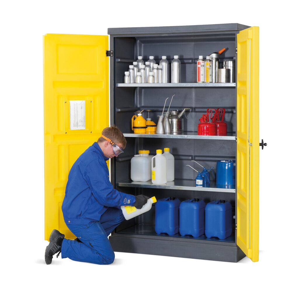 DENIOS chemická skriňa z PE, v × š × h 1 990 × 1 225 × 640 mm, 4 pozinkované mriežkované rošty Číslo obrázka výrobku 4: DENIOS chemická skriňa z PE, v × š × h 1 990 × 1 225 × 640 mm, 4 pozinkované mriežkované rošty